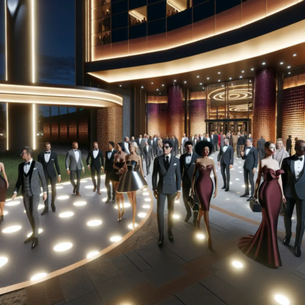 Elegancka, oświetlona złotem sala Grand Win Resort podczas wieczoru kasynowego