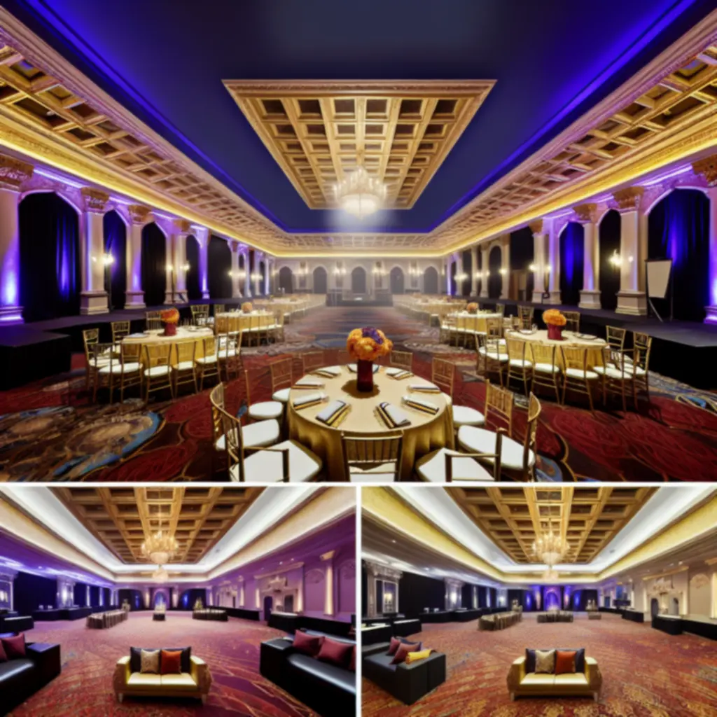 Luksusowe wnętrze sali Grand Win Resort z eleganckim oświetleniem i przygotowanymi stołami eventowymi