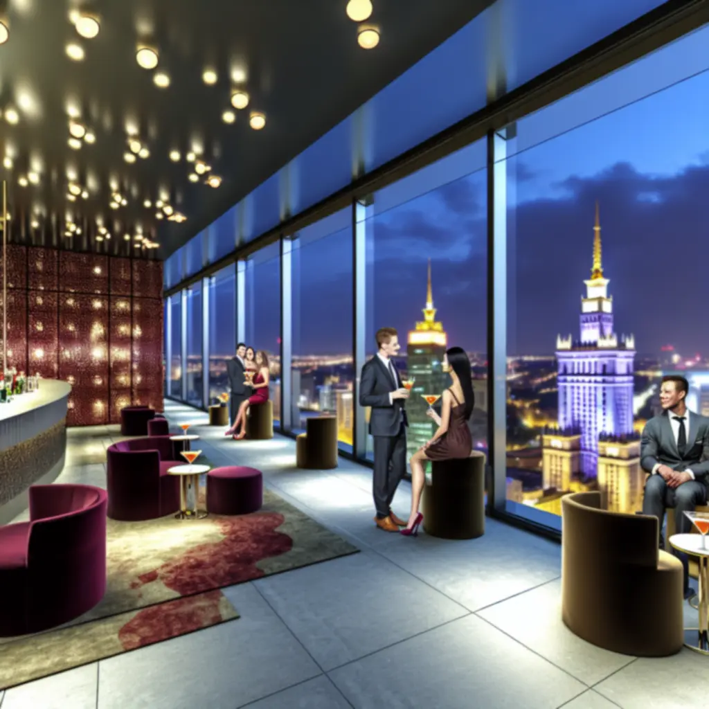Sky Lounge Grand Win Resort z panoramicznym widokiem na miasto o zachodzie słońca.
